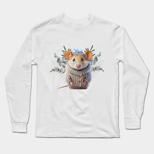 Adorable cute little mouse in a wool sweater - beautiful flowers and leaves Long Sleeve T-Shirt